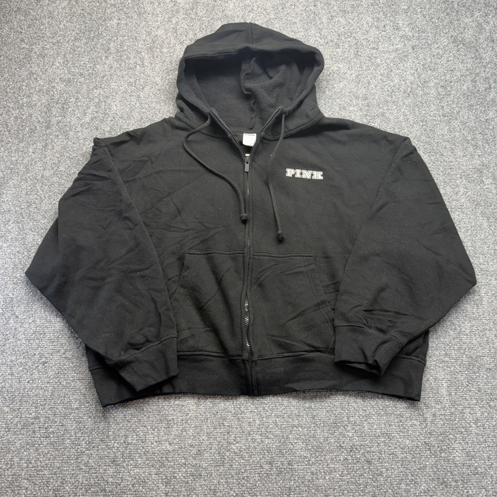 PINK Victorias Secret Womens XL Black Full Zip Varsity‎ Logo Cropped Hoodie